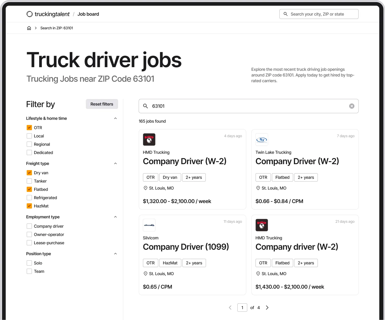 Trucking Talent job board screenshot.